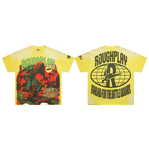 ROUGHPLAY Heavyweight Distressed Graphic Tee - Acid Yellow Skater Monster Hover Image