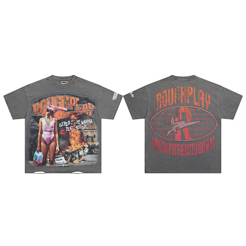ROUGHPLAY Heavyweight Distressed Graphic Tee - Pink Swimsuit & Burning Car Hover Image