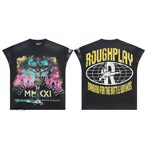 ROUGHPLAY Heavyweight Distressed Graphic Tee - Neon Cross & MMXXI