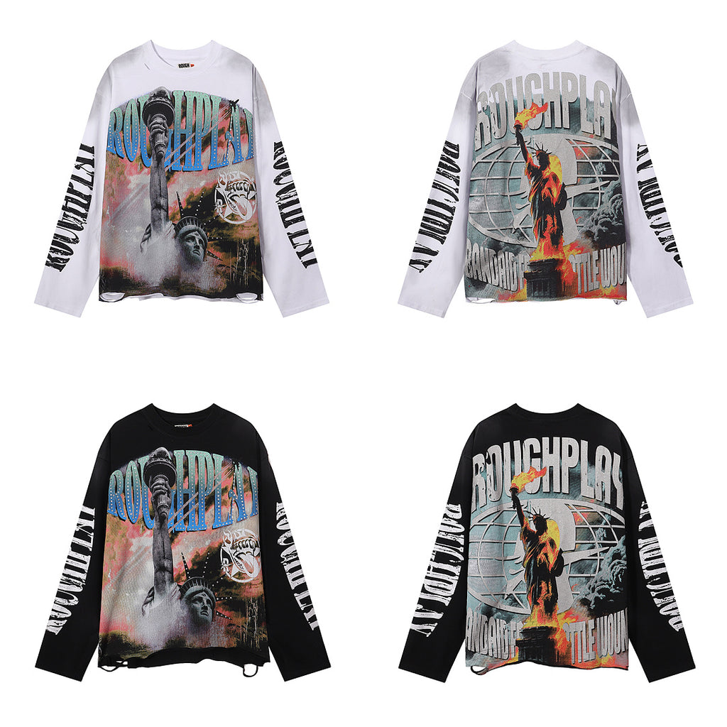 ROUGHPLAY Distressed Statue of Liberty Graphic Long Sleeve Shirt Unisex Vintage Oversized Streetwear Crewneck Top