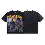 MAJESTIK Cyberpunk City Graphic T-Shirt Unisex Acid Wash Black Y2K Retro Futuristic Oversized Streetwear Short Sleeve Top