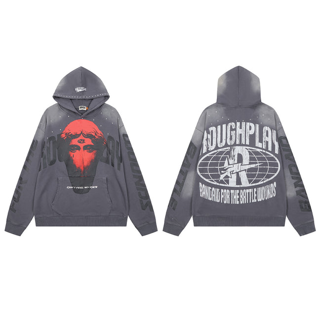 ROUGHPLAY Heavyweight Rhinestone Graphic Hoodie - Crimson Statue Bust & Tonal Globe Hover Image