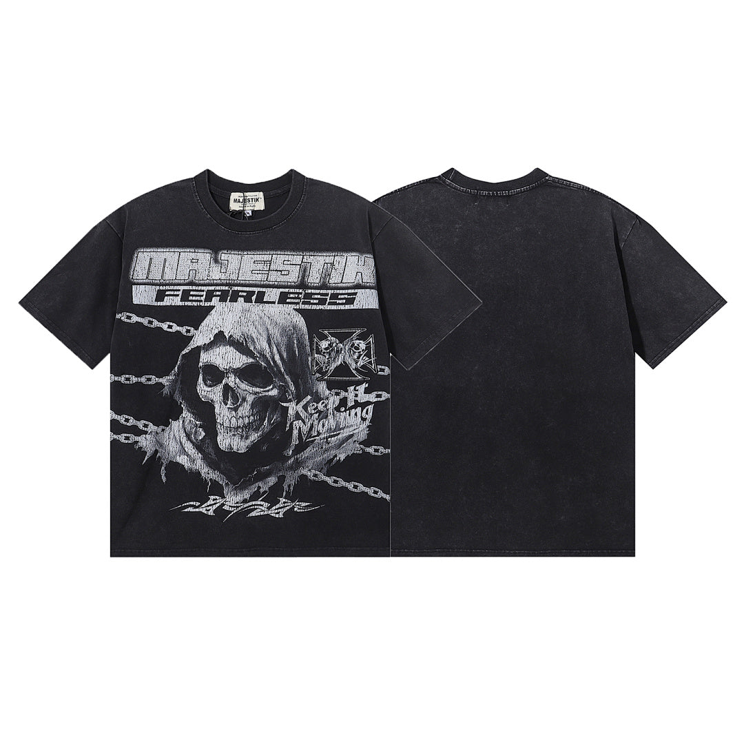 MAJESTIK Grim Reaper Skeleton Graphic T-Shirt Unisex Acid Wash Black Y2K Cyber Gothic Heavyweight Oversized Streetwear Short Sleeve Top