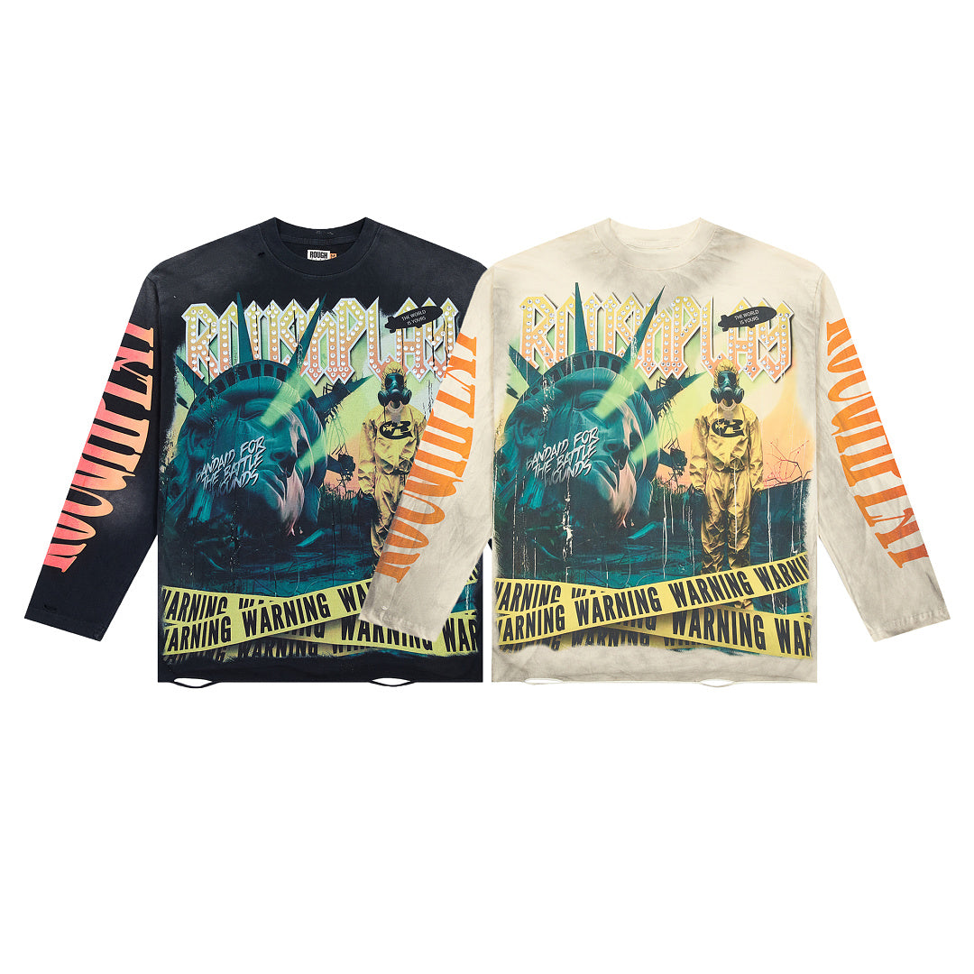 ROUGHPLAY Vintage Graphic Long Sleeve Shirt Unisex Heavyweight Crewneck Sweatshirt Dark Y2K Streetwear Top