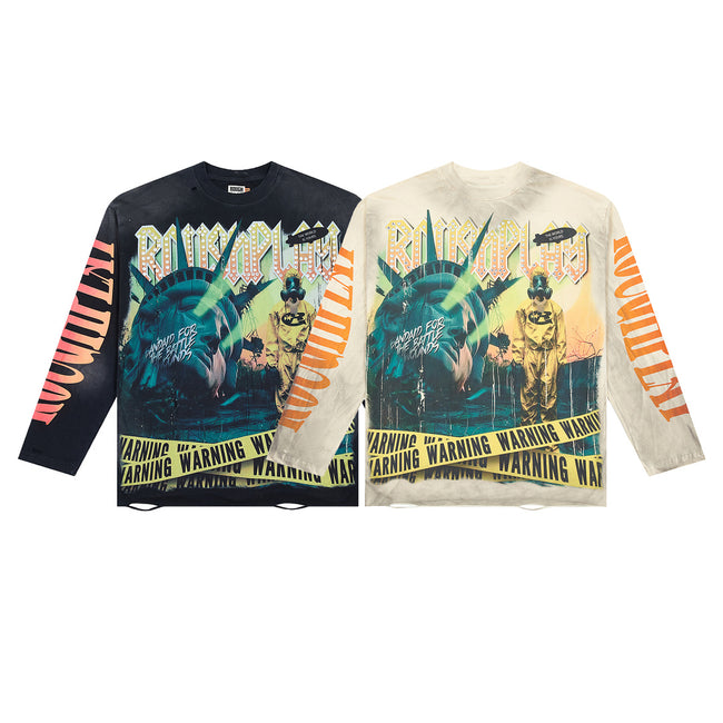 ROUGHPLAY Vintage Graphic Long Sleeve Shirt Unisex Heavyweight Crewneck Sweatshirt Dark Y2K Streetwear Top Hover Image