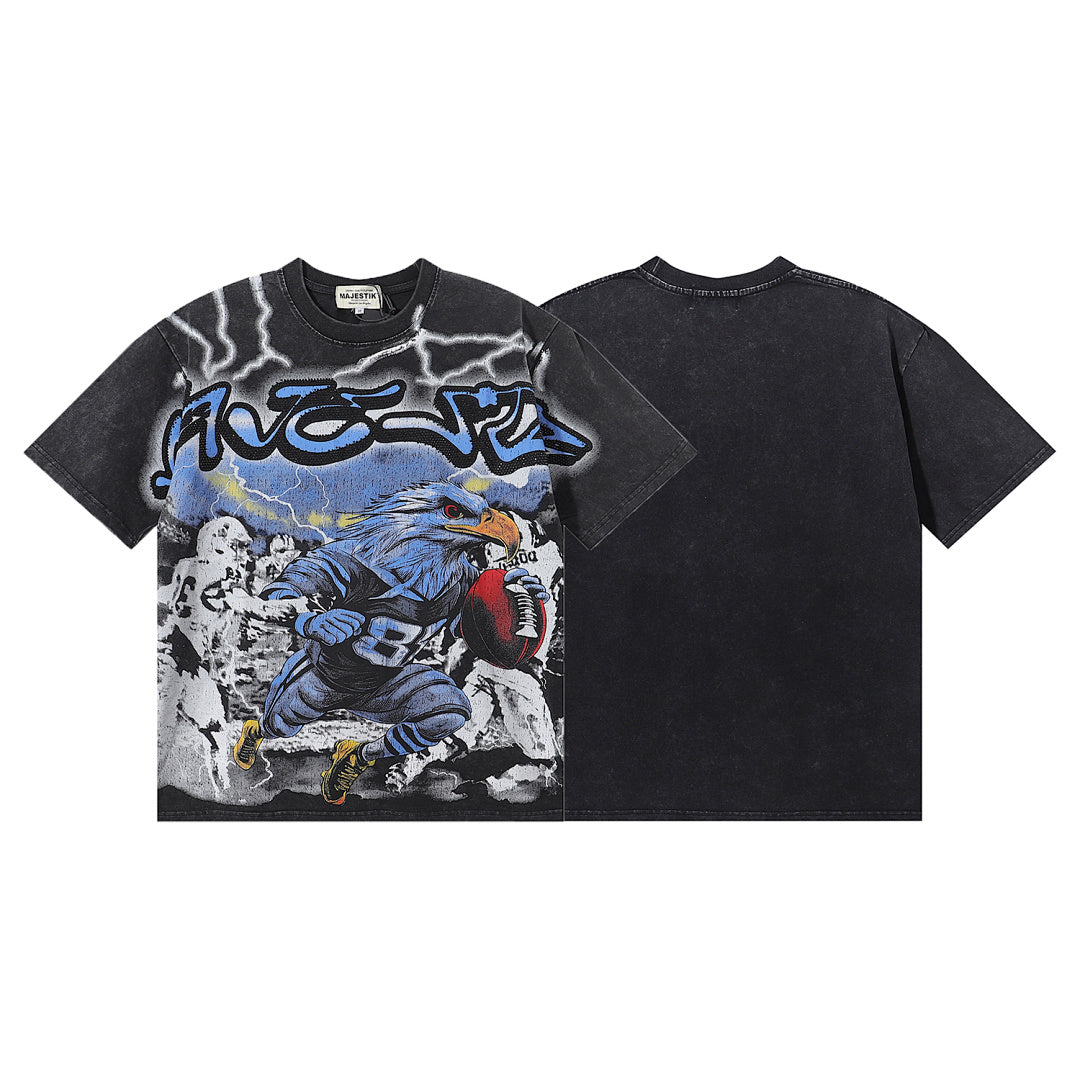 MAJESTIK Electric Lightning Cyber Football Player Graphic T-Shirt Unisex Acid Wash Black Y2K Athletic Oversized Streetwear Short Sleeve Top