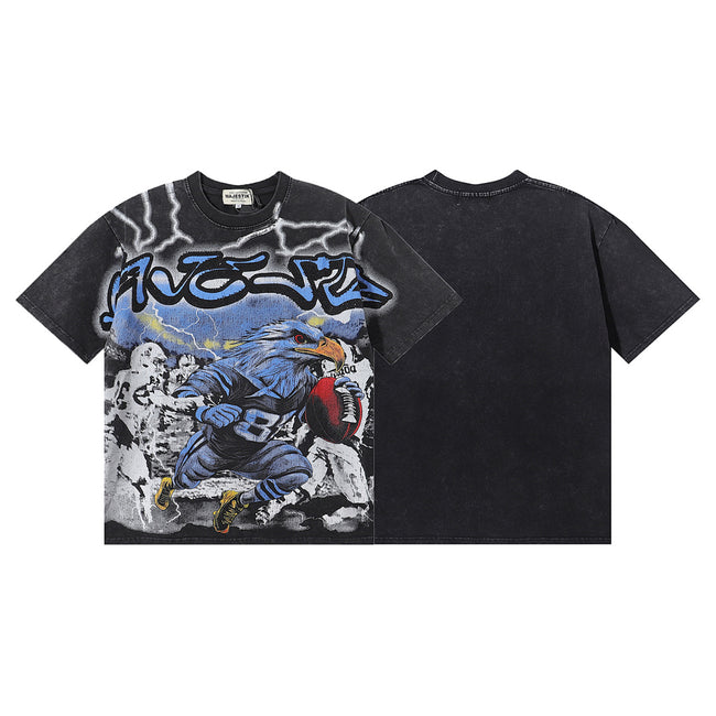 MAJESTIK Electric Lightning Cyber Football Player Graphic T-Shirt Unisex Acid Wash Black Y2K Athletic Oversized Streetwear Short Sleeve Top Hover Image