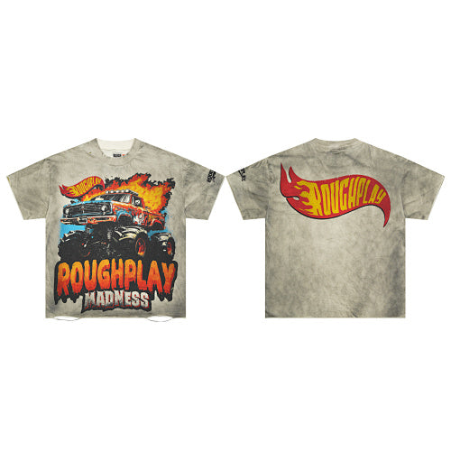 ROUGHPLAY Heavyweight Distressed Graphic Tee - Monster Truck & Flame Emblem