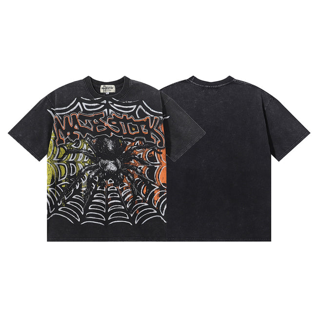 MAJESTIK Giant Spider Web Graphic T-Shirt Unisex Acid Wash Black Y2K Gothic Streetwear Oversized Short Sleeve Top Hover Image
