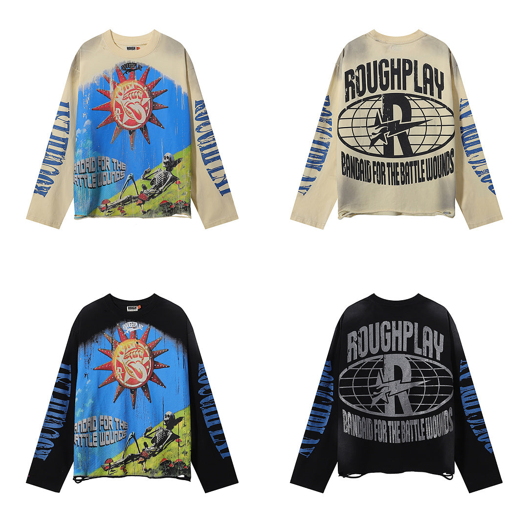 ROUGHPLAY Distressed Sun Graphic Long Sleeve Shirt Unisex Vintage Oversized Streetwear Crewneck Top