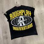 ROUGHPLAY Heavyweight Distressed Graphic Tee - Neon Cross & MMXXI