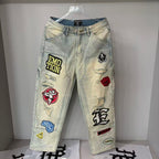 MIXED EMOTION Patchwork Graphic Straight-Leg Jeans