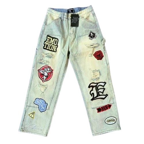 MIXED EMOTION Patchwork Graphic Straight-Leg Jeans Hover Image