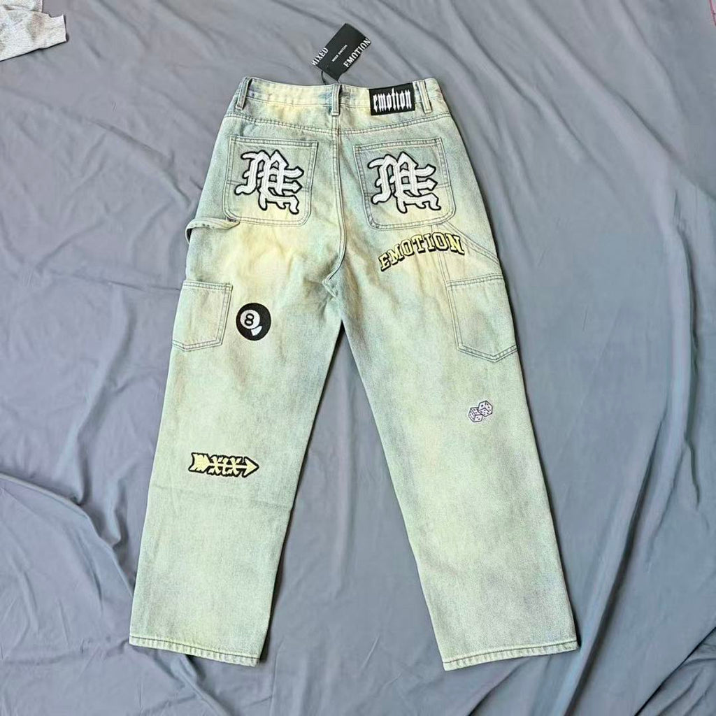 MIXED EMOTION Patchwork Graphic Straight-Leg Jeans