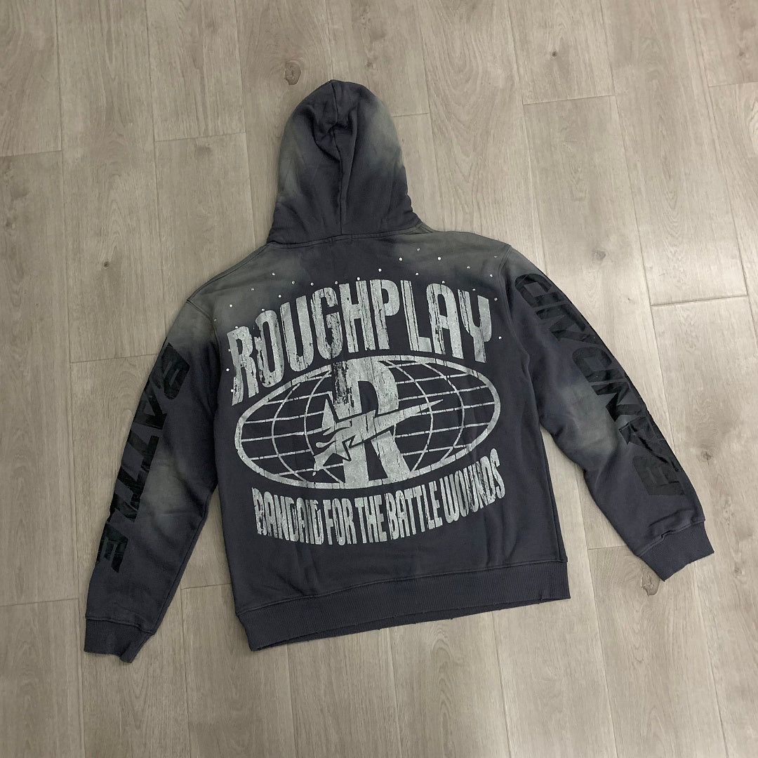 ROUGHPLAY Heavyweight Rhinestone Graphic Hoodie - Crimson Statue Bust & Tonal Globe