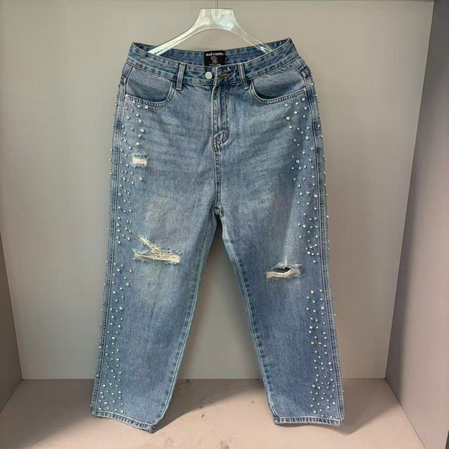 MIXED EMOTION Studded Distressed Double-Tone Jeans Main Image