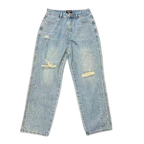 MIXED EMOTION Studded Distressed Double-Tone Jeans Hover Image