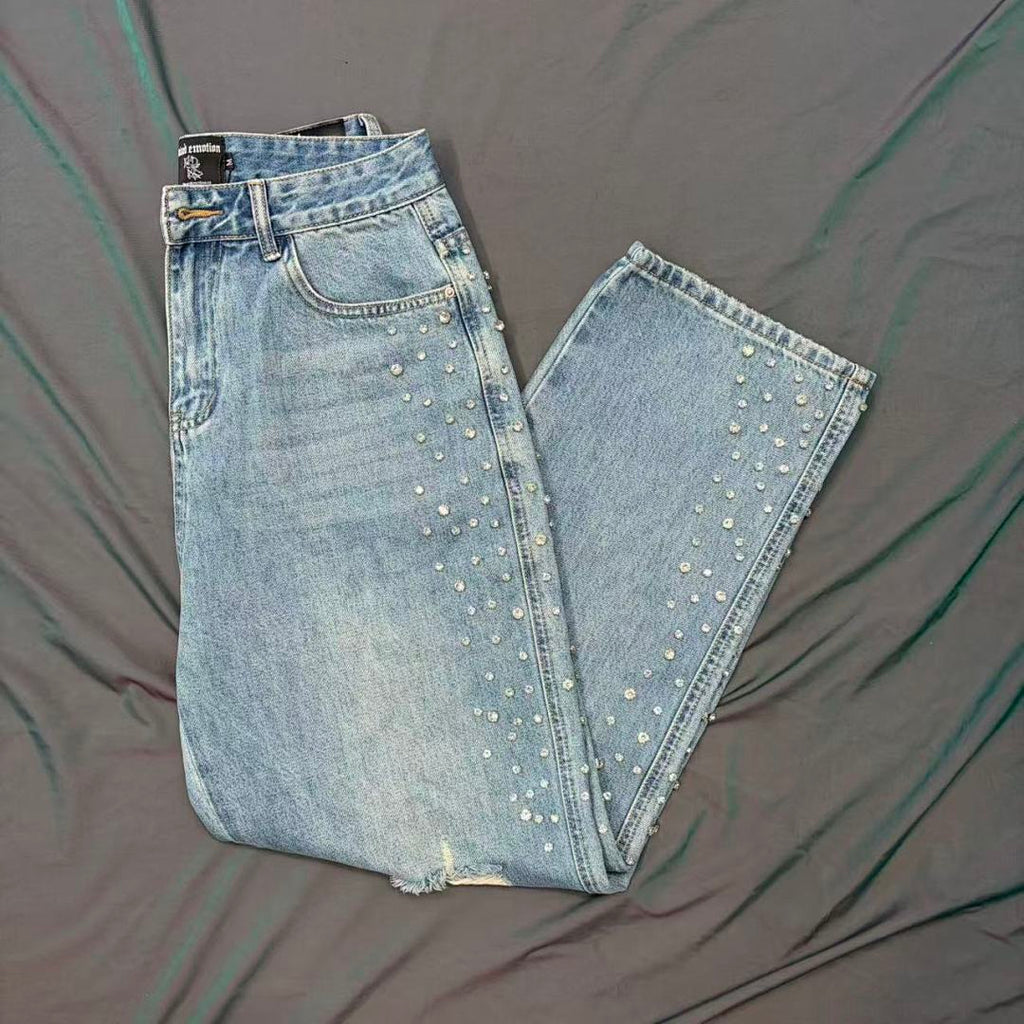 MIXED EMOTION Studded Distressed Double-Tone Jeans