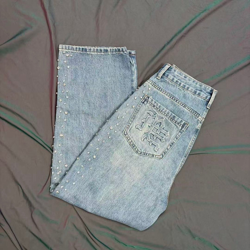 MIXED EMOTION Studded Distressed Double-Tone Jeans