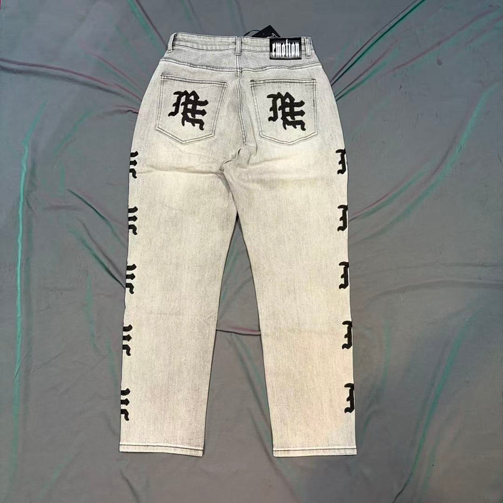 MIXED EMOTION Washed Side Graphic Denim Jeans