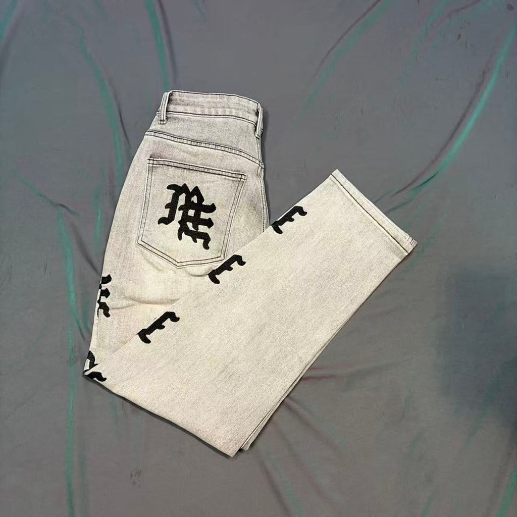 MIXED EMOTION Washed Side Graphic Denim Jeans