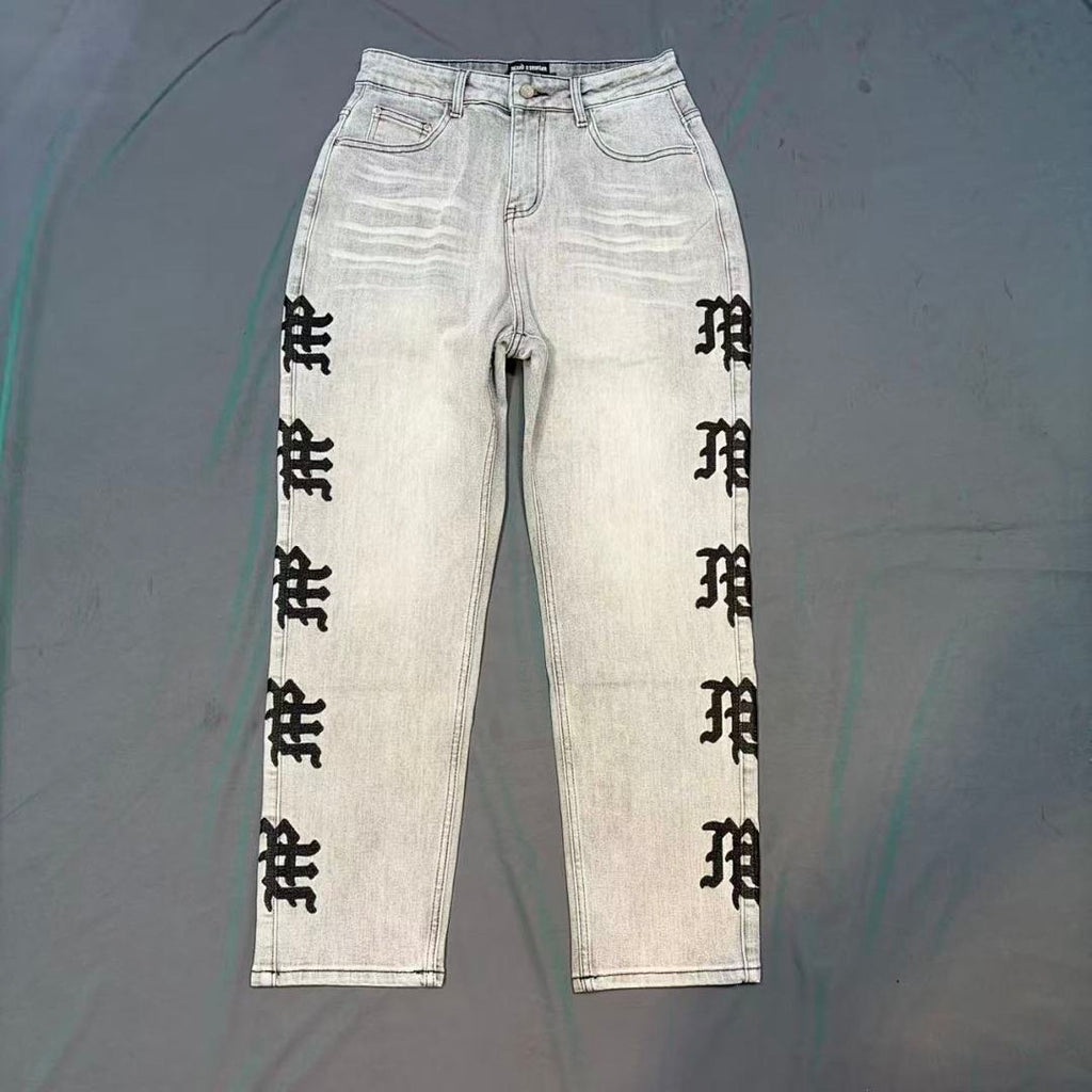MIXED EMOTION Washed Side Graphic Denim Jeans