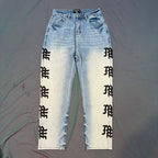 MIXED EMOTION Repeated Letter Side Graphic Jeans