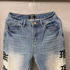 MIXED EMOTION Repeated Letter Side Graphic Jeans