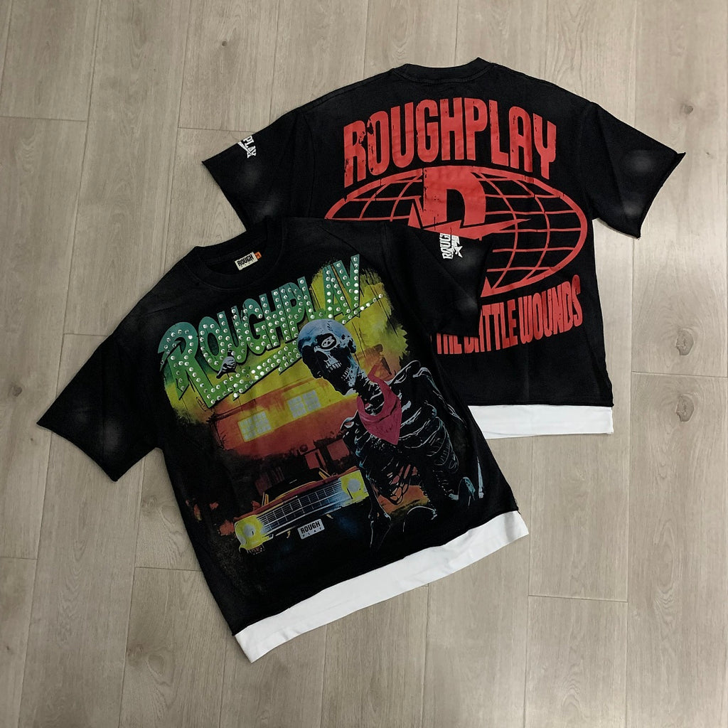 ROUGHPLAY Heavyweight Vintage Washed Graphic Tee - Cyber Skull & Neon Acid Print Oversized T-Shirt