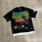 ROUGHPLAY Heavyweight Vintage Washed Graphic Tee - Cyber Skull & Neon Acid Print Oversized T-Shirt