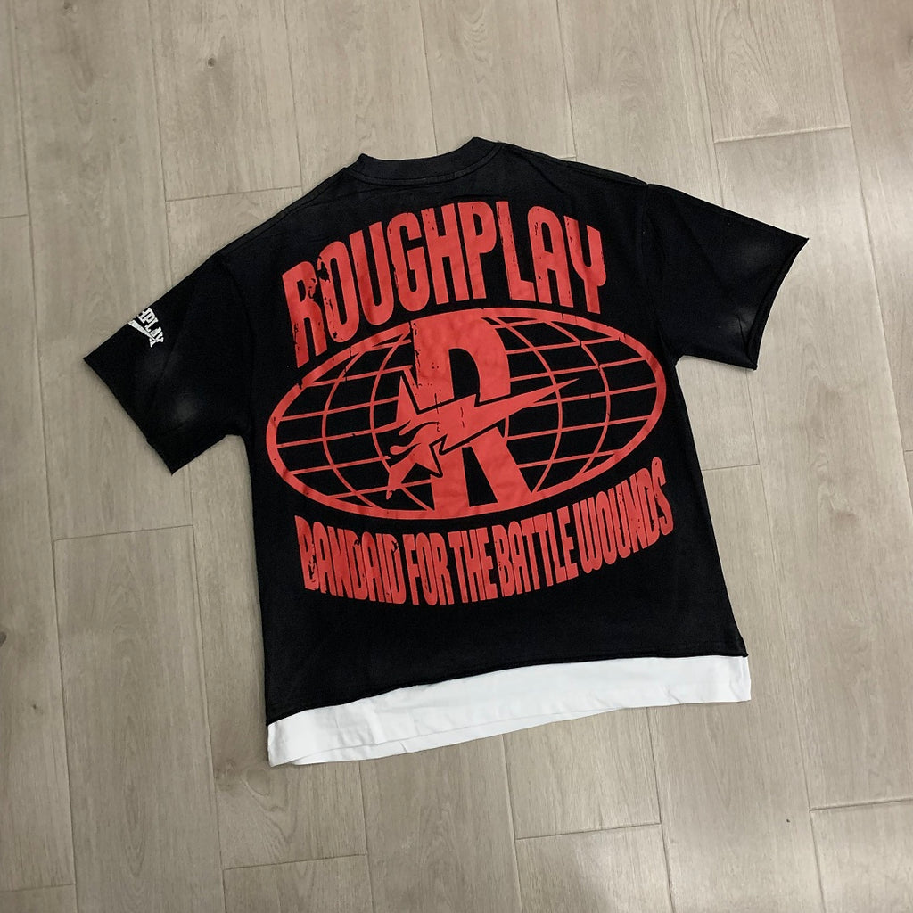 ROUGHPLAY Heavyweight Vintage Washed Graphic Tee - Cyber Skull & Neon Acid Print Oversized T-Shirt