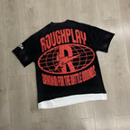 ROUGHPLAY Heavyweight Vintage Washed Graphic Tee - Cyber Skull & Neon Acid Print Oversized T-Shirt