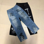 MIXED EMOTION Dual Graphic Distressed Denim Jeans