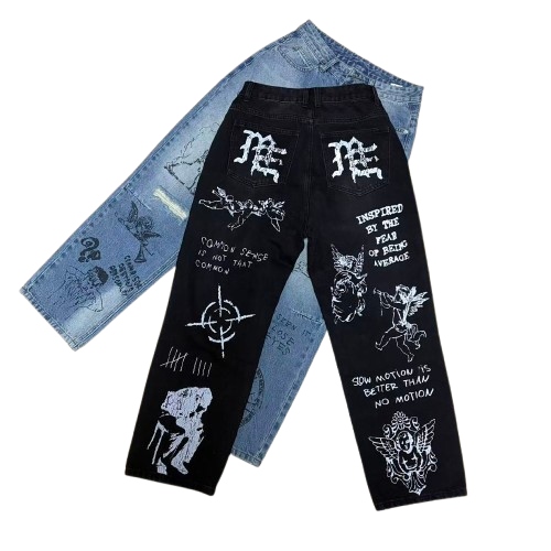 MIXED EMOTION Dual Graphic Distressed Denim Jeans Main Image