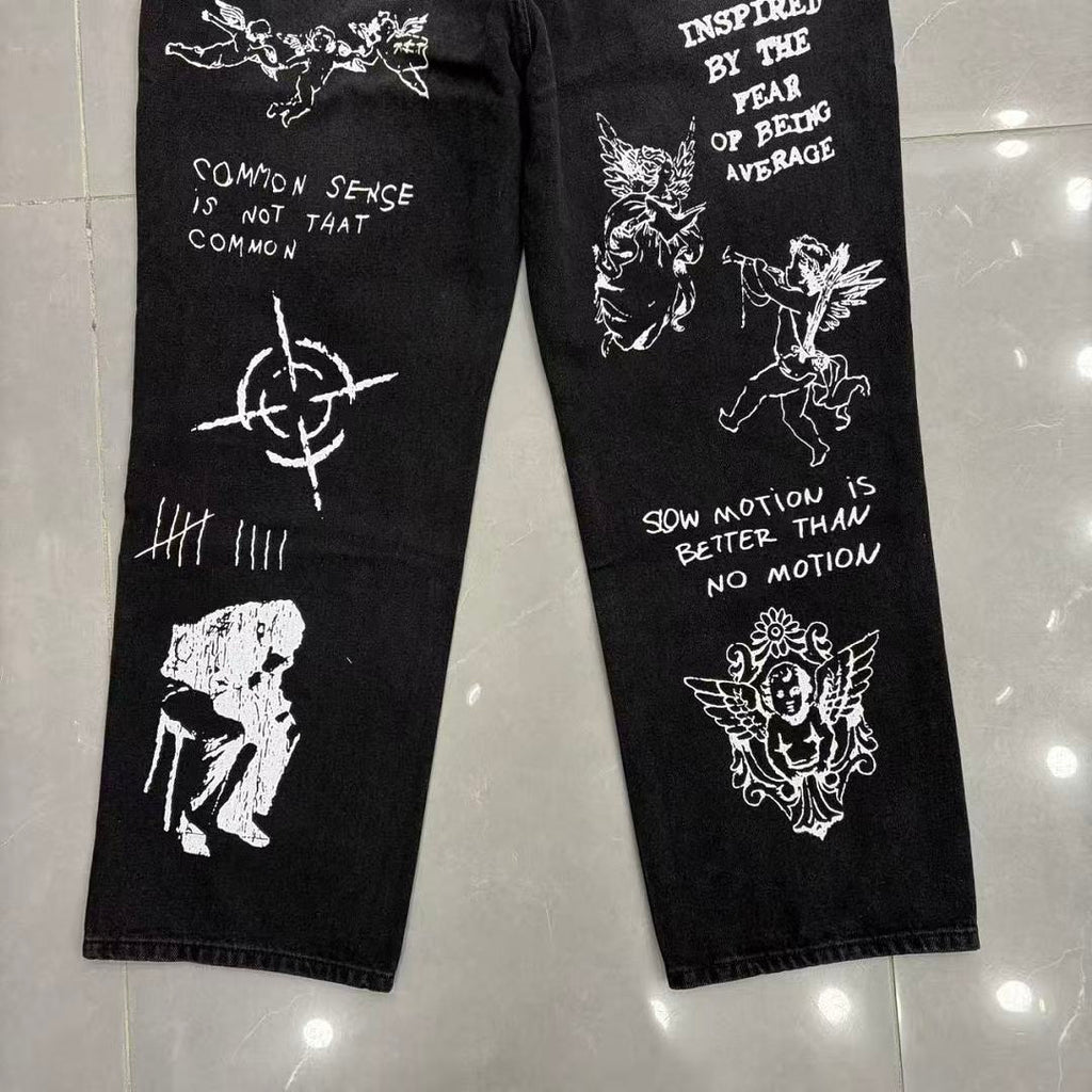 MIXED EMOTION Dual Graphic Distressed Denim Jeans