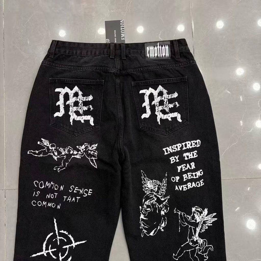 MIXED EMOTION Dual Graphic Distressed Denim Jeans
