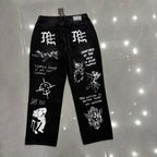 MIXED EMOTION Dual Graphic Distressed Denim Jeans