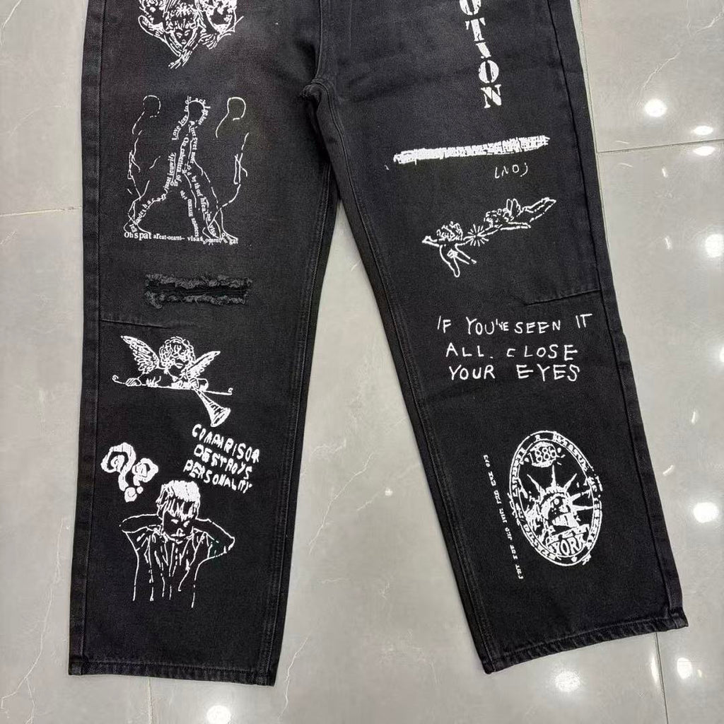 MIXED EMOTION Dual Graphic Distressed Denim Jeans