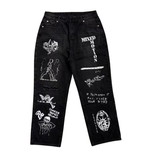 MIXED EMOTION Dual Graphic Distressed Denim Jeans Hover Image