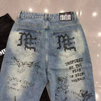 MIXED EMOTION Dual Graphic Distressed Denim Jeans