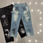 MIXED EMOTION Dual Graphic Distressed Denim Jeans