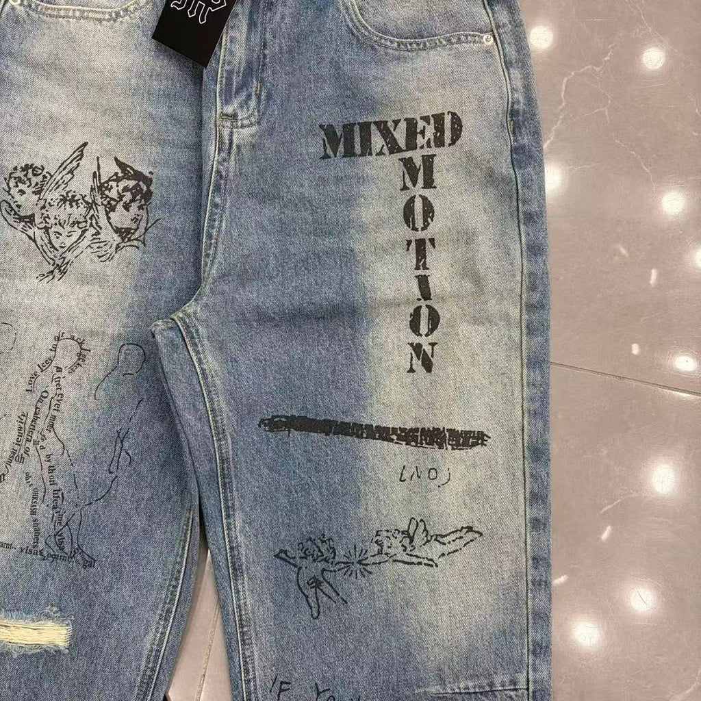 MIXED EMOTION Dual Graphic Distressed Denim Jeans