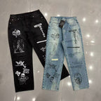 MIXED EMOTION Dual Graphic Distressed Denim Jeans
