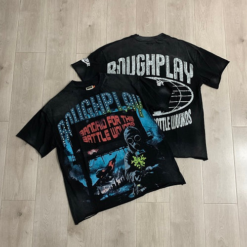 ROUGHPLAY Heavyweight Washed Graphic Tee - Cyber Skeleton & Globe Logo Vintage T-Shirt