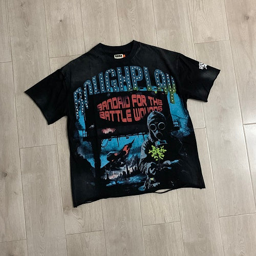 ROUGHPLAY Heavyweight Washed Graphic Tee - Cyber Skeleton & Globe Logo Vintage T-Shirt Main Image