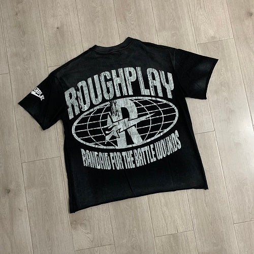 ROUGHPLAY Heavyweight Washed Graphic Tee - Cyber Skeleton & Globe Logo Vintage T-Shirt
