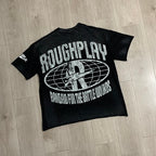 ROUGHPLAY Heavyweight Washed Graphic Tee - Cyber Skeleton & Globe Logo Vintage T-Shirt