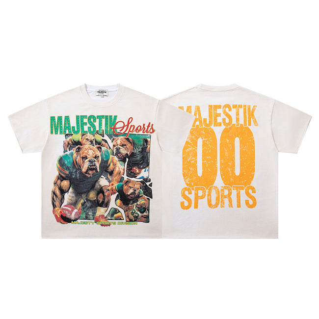 MAJESTIK Bulldog Football Graphic T-Shirt Unisex Cream Off-White Y2K Retro Sports 00 Varsity Oversized Streetwear Short Sleeve Top Hover Image