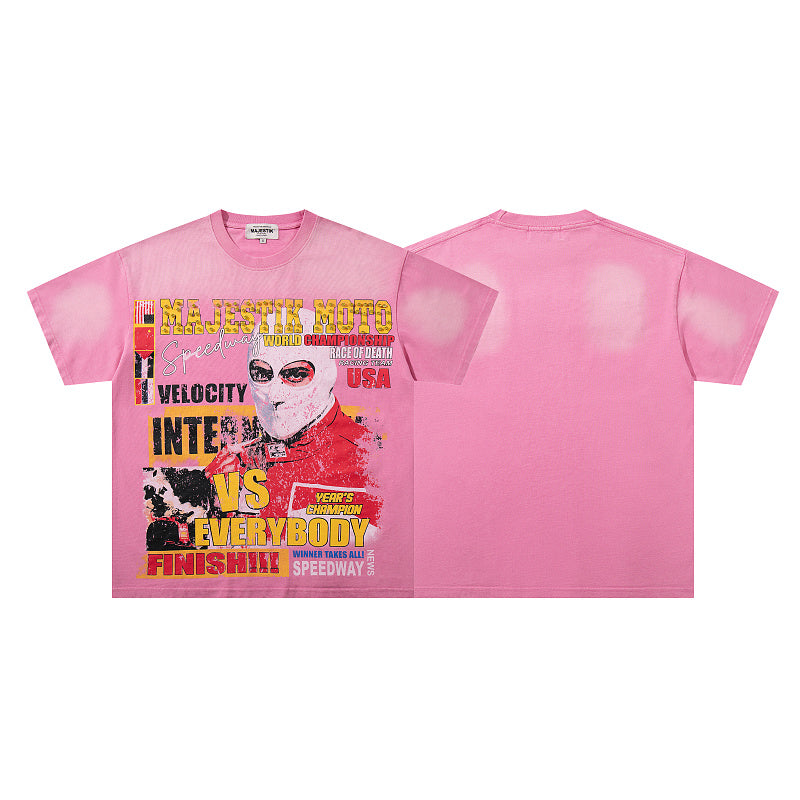MAJESTIK Distressed Pink Graphic T-Shirt Unisex Sun-Faded Y2K Racing Pop-Art Oversized Streetwear Short Sleeve Top