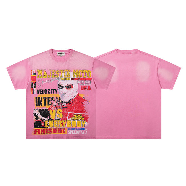 MAJESTIK Distressed Pink Graphic T-Shirt Unisex Sun-Faded Y2K Racing Pop-Art Oversized Streetwear Short Sleeve Top Hover Image